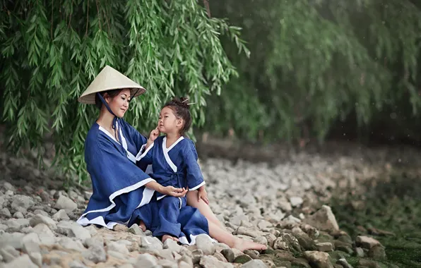 Branches, nature, stones, woman, hat, girl, kimono, mom