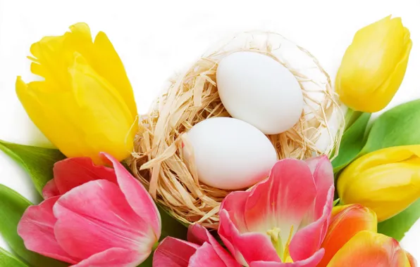 Flowers, holiday, eggs, Easter, tulips