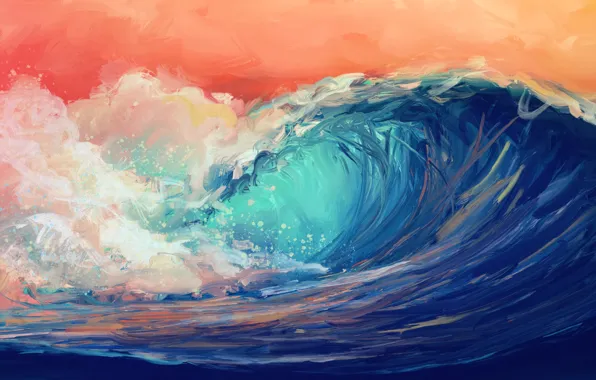 Waves, sky, water, art, digital art, artwork, Sea, orange sky