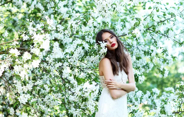 Picture look, flowers, branches, spring, makeup, garden, dress, hairstyle