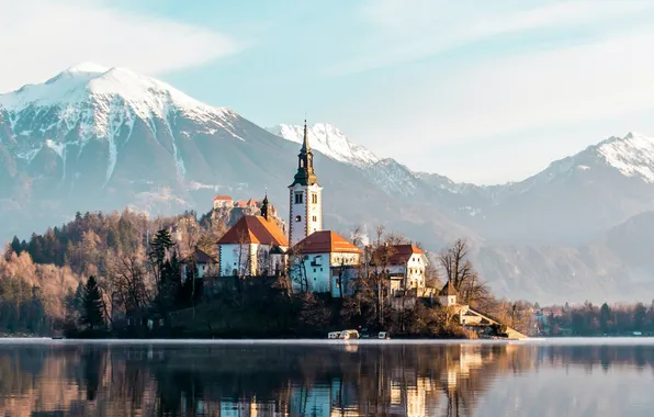 The sky, mountains, fog, lake, shore, Church, haze, Slovenia