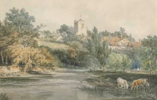 Picture landscape, house, river, picture, hill, watercolor, William Turner, Surrey