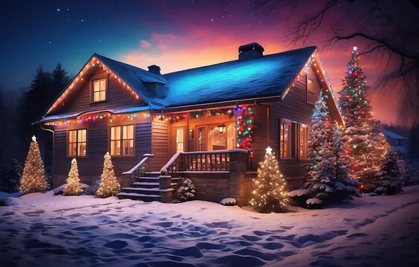 Winter, snow, decoration, night, lights, house, tree, colorful