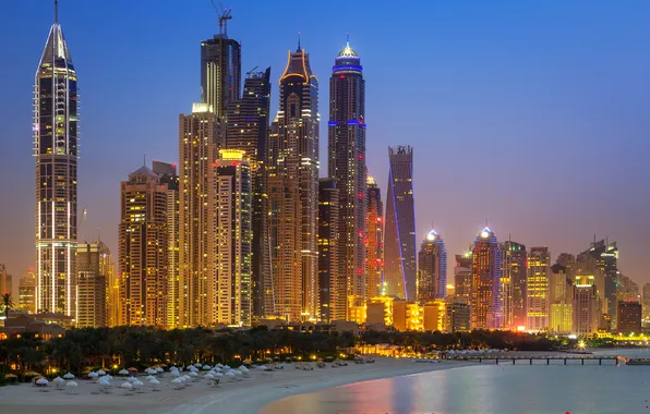 Beach, night, lights, coast, home, skyscrapers, Bay, Dubai