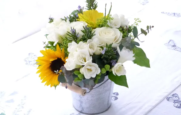 Picture photo, Flowers, Sunflowers, Roses, A lot, Freesia