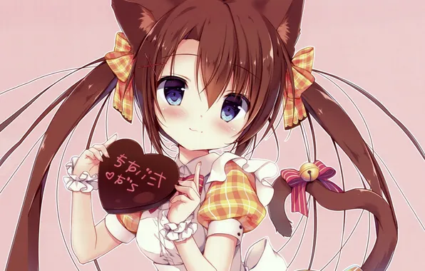 Tail, characters, bows, pink background, apron, bangs, big eyes, bell