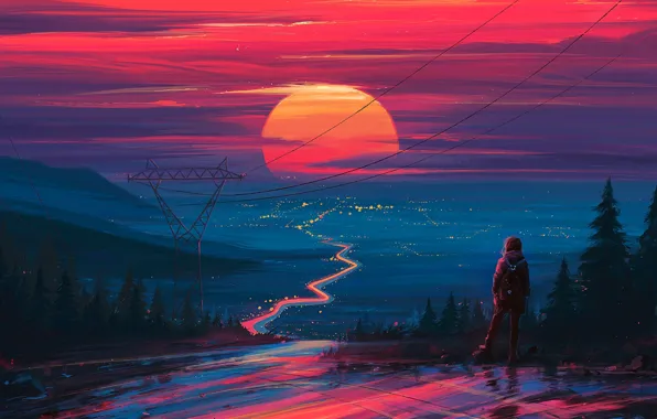 Road, girl, sunset, the way, wire