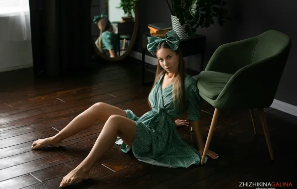 Picture look, girl, pose, chair, dress, legs, bow, on the floor