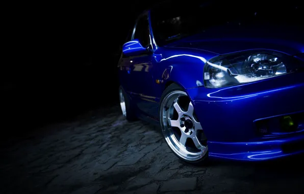 Honda, Blue, Front, Side, Civic, Honda Civic, Dark Background, Black Background