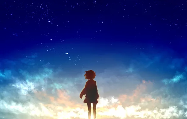 Picture the sky, girl, the sun, stars, clouds, sunset, anime, art