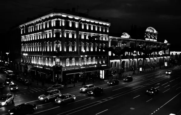 Night, Saint Petersburg, Nevsky, Black and white, Nevsky Prospekt