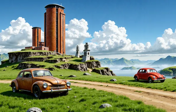 Auto, the sky, landscape, mountains, machine, nature, lighthouse