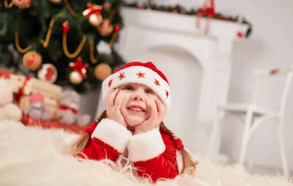 Balls, face, pose, smile, hands, Christmas, girl, gifts