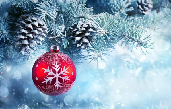 Snow, decoration, balls, tree, New Year, Christmas, Christmas, balls