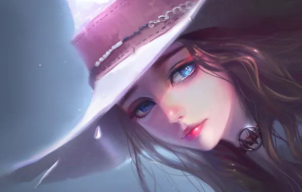 Wallpaper look, girl, face, hat, art