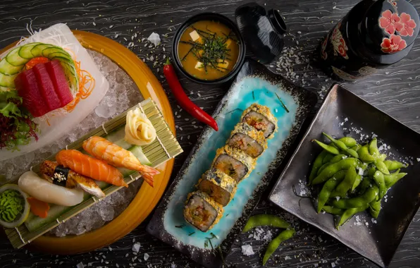 Sushi, rolls, seafood, cuts, beans