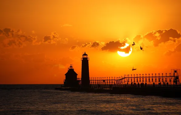 Sea, beach, sunset, lighthouse