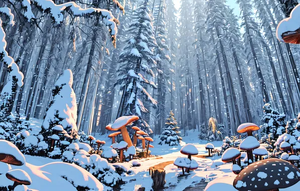 Winter, forest, snow, mushrooms