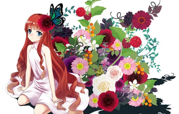 Girl, flowers, berries, butterfly, rose, anime, art, lakuhito