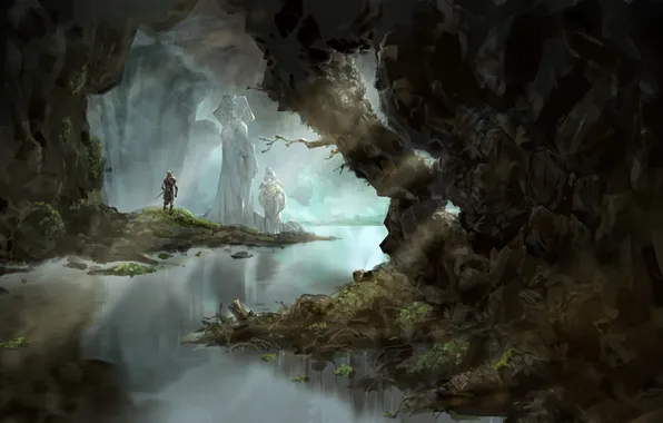 Water, river, people, art, cave, statues