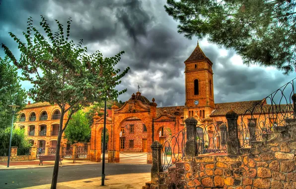 Trees, area, yard, Church, arch, stage, Spain