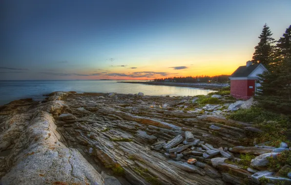 Sea, house, stones, HDR, Bay, the evening