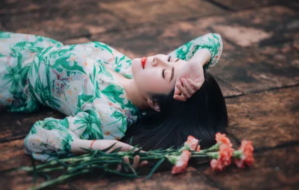 Girl, flowers, green, stay, sleep, dress, sleeping, lies