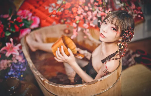 Look, water, girl, decoration, flowers, branches, face, style