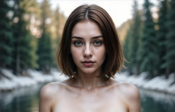 Winter, eyes, look, girl, mountains, lake, river, portrait