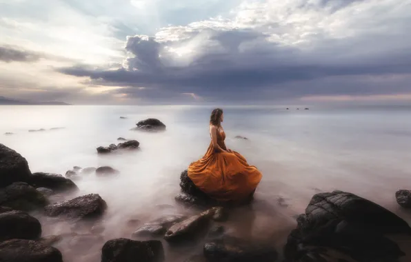 The sky, girl, landscape, nature, romance, dal, dress, long hair