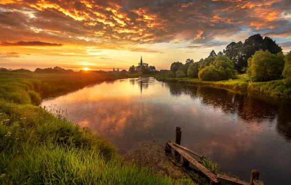 Picture landscape, nature, river, dawn, village, morning, Dunilovo, Gordeev Edward