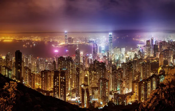 Night, city, the city, lights, lights, river, home, ships