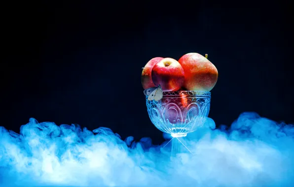 Glass, light, fog, the dark background, blue, butterfly, apples, smoke