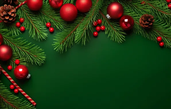Balls, branches, Christmas, red, New year, needles, bumps, green background