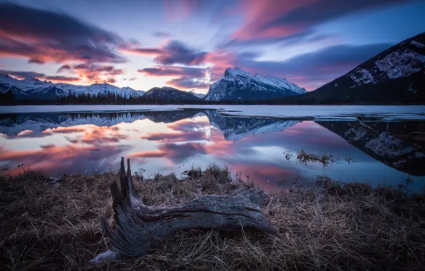 Picture winter, snow, reflection, mountains, lake, morning, Canada, Albert