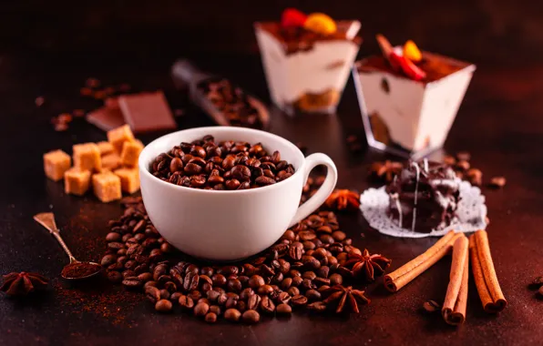 Picture coffee, candy, Cup, cinnamon, dessert, coffee beans, chocolate, spices