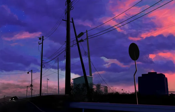 Auto, road, twilight, power lines, Magnet