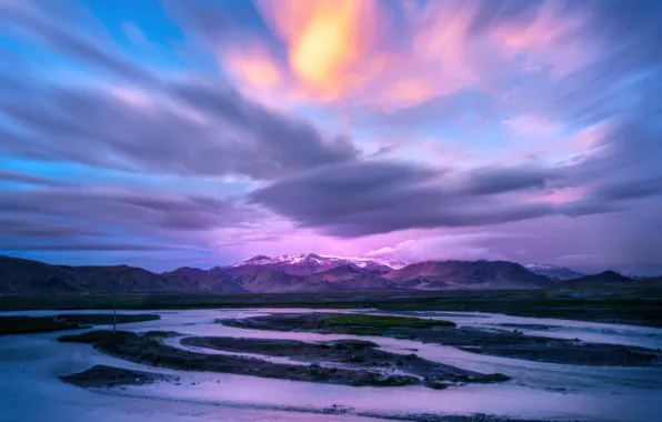 River, sky, clouds, Mountains, snowy, peaks, long exposure