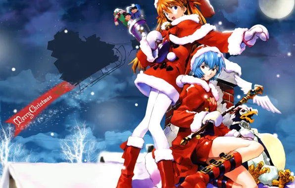 Snow, night, new year, anime, gifts, the snow maiden