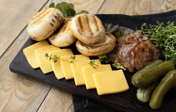 Greens, mushrooms, Board, food, cheese, meat, pieces, slices