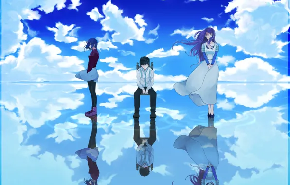 The sky, water, clouds, reflection, girls, anime, art, guy
