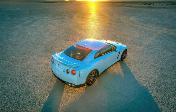 Picture Sunset, White, Desert, Machine, Nissan, GT-R