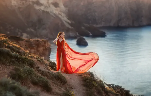 Picture sea, look, girl, pose, rocks, dress, beauty, Anastasia Barmina
