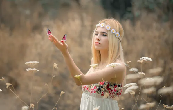 Summer, girl, butterfly, flowers, nature, dress, blonde, grass