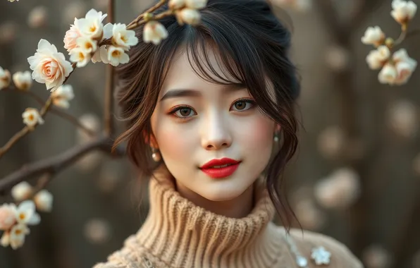 Picture look, girl, face, portrait, makeup, Asian, AI art, neural network