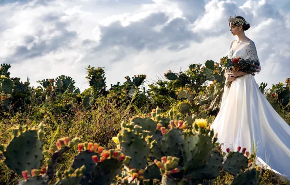 Picture girl, style, model, bouquet, cacti, wedding dress