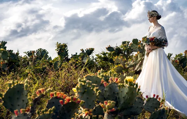 Girl, style, model, bouquet, cacti, wedding dress