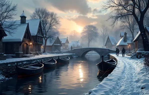 Home, Winter, Trees, River, Snow, People, Dawn, Boats