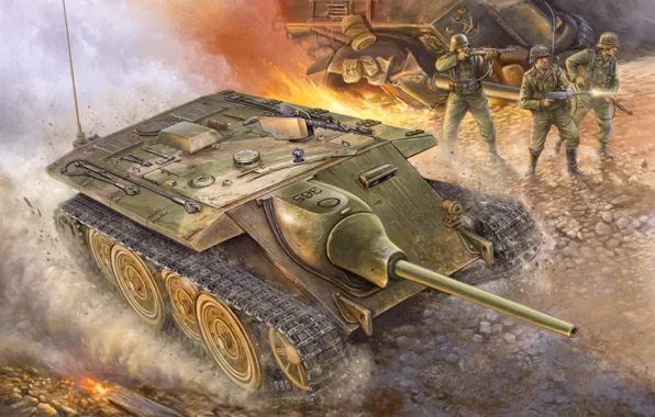 War, art, painting, ww2, German E10 Tank Destroyer