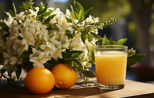 Flowers, bouquet, oranges, juice, drink, orange, AI art, neural network